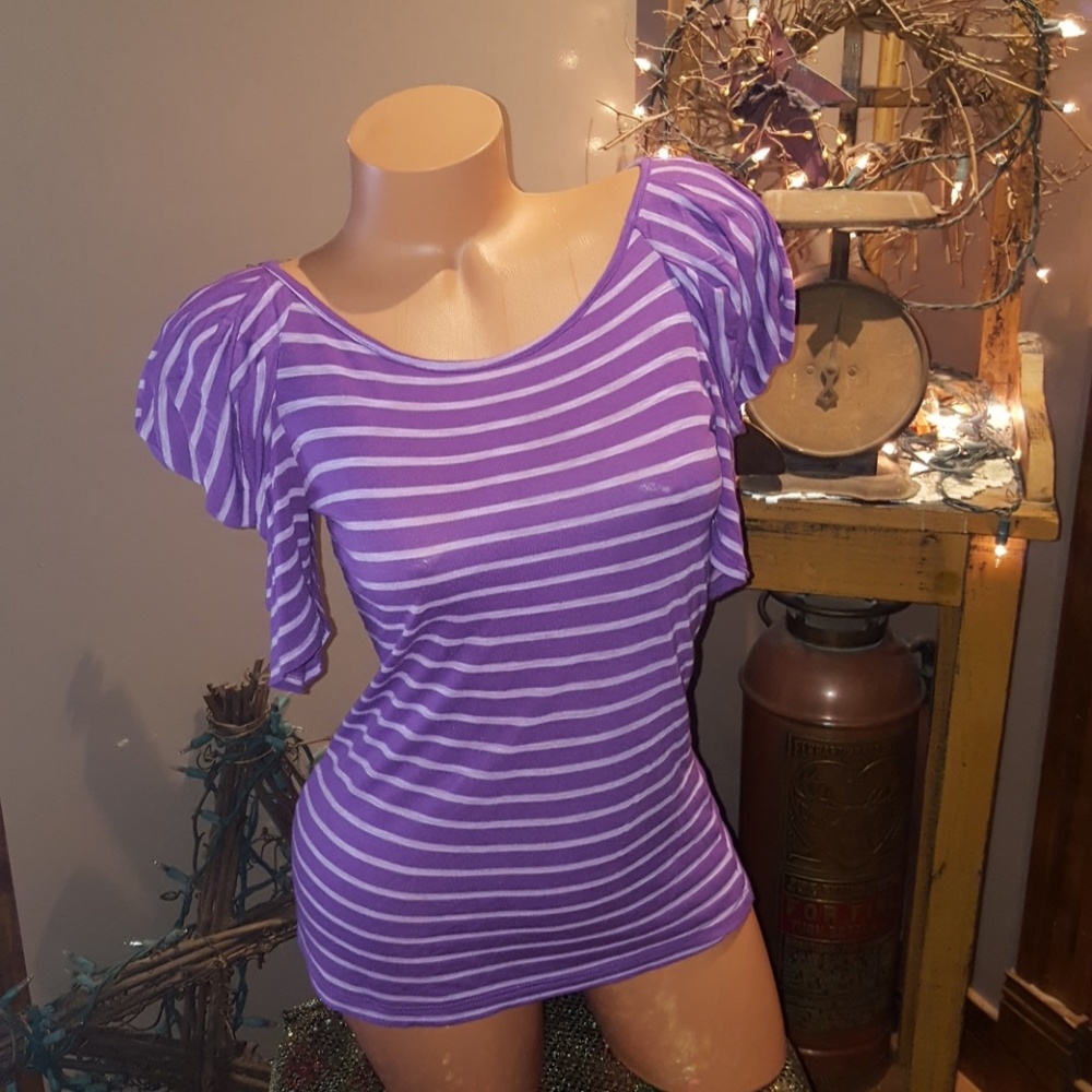 ❤️Bebe puff sleeve striped blouse S purple
